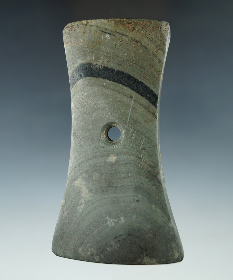 4 7/16" Adena Bell Pendant found in Michigan. Ex. Dr. Bunch (#976), Eugene Hirtzel, Rick Waible.