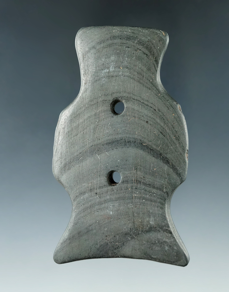 Uniquely styled 3 1/8" Hopewell Effigy Gorget found in Michigan. Ex. Harold Moody Collection.