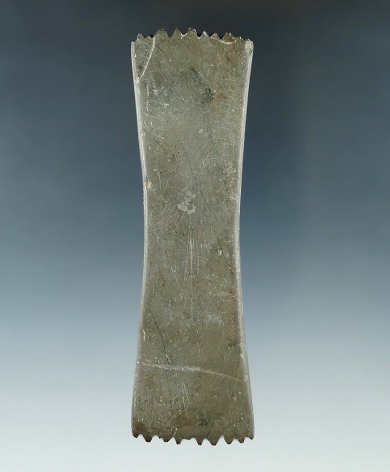 4 5/16" Fringed Hopewell Tablet found in Hamilton Co., Ohio. Deeply fringed on both ends. Ex. Dilley