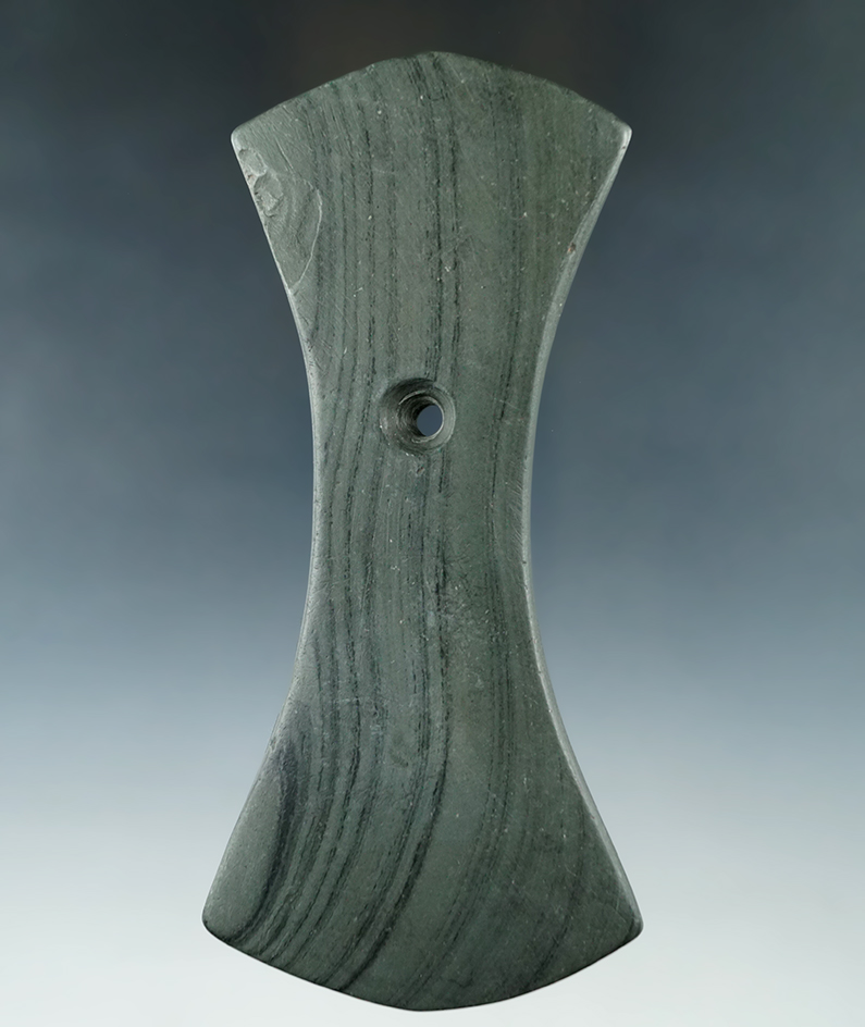 5 9/16" Adena Bi-Concave Pendant found in Logan Co., Ohio. Pictured in Who's Who #8,  #9.