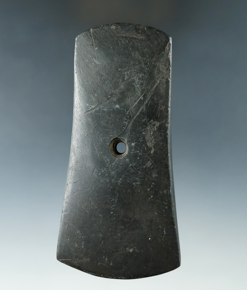 Heavily patinated 4 9/16" Adena Bell Pendant found in Martin Co., Indiana. Some engraving. COA.