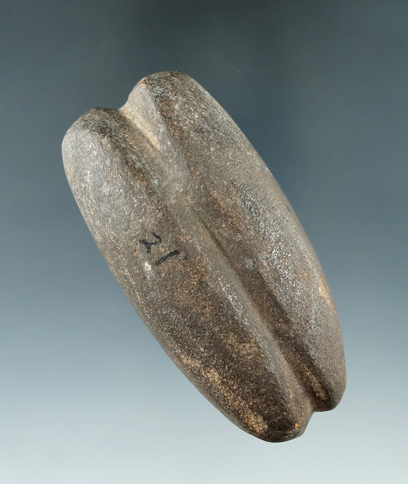 2 7/8" Early Woodland Fully Grooved Loafstone made from Hardstone, found in Ohio. Ex. Von Hilliard