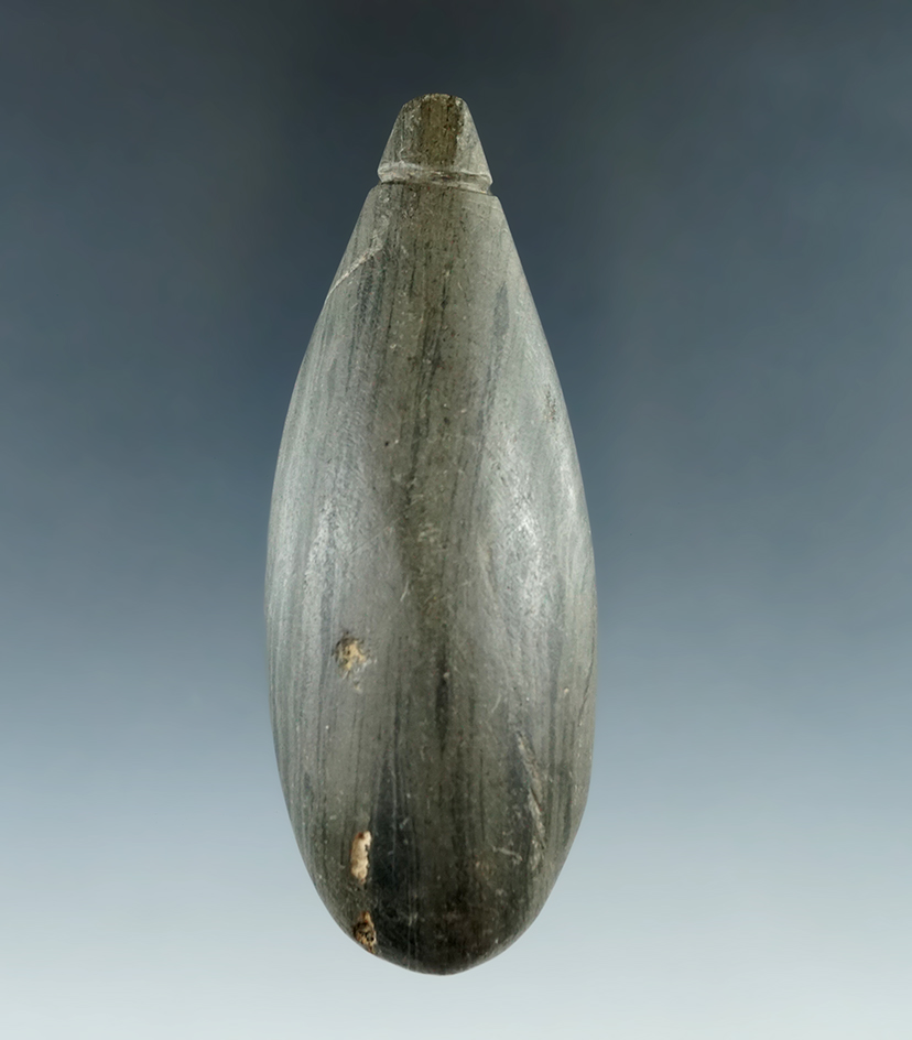 3 1/2" Archaic Plummet found in Delaware Co., Ohio. Pictured in Who's Who #10, page 67.