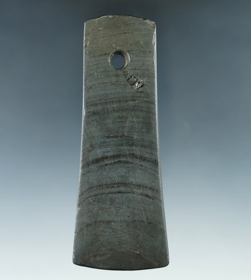 4 1/16" Hopewell Bell Pendant made from green and black Banded Slate, found in Scioto Co., Ohio