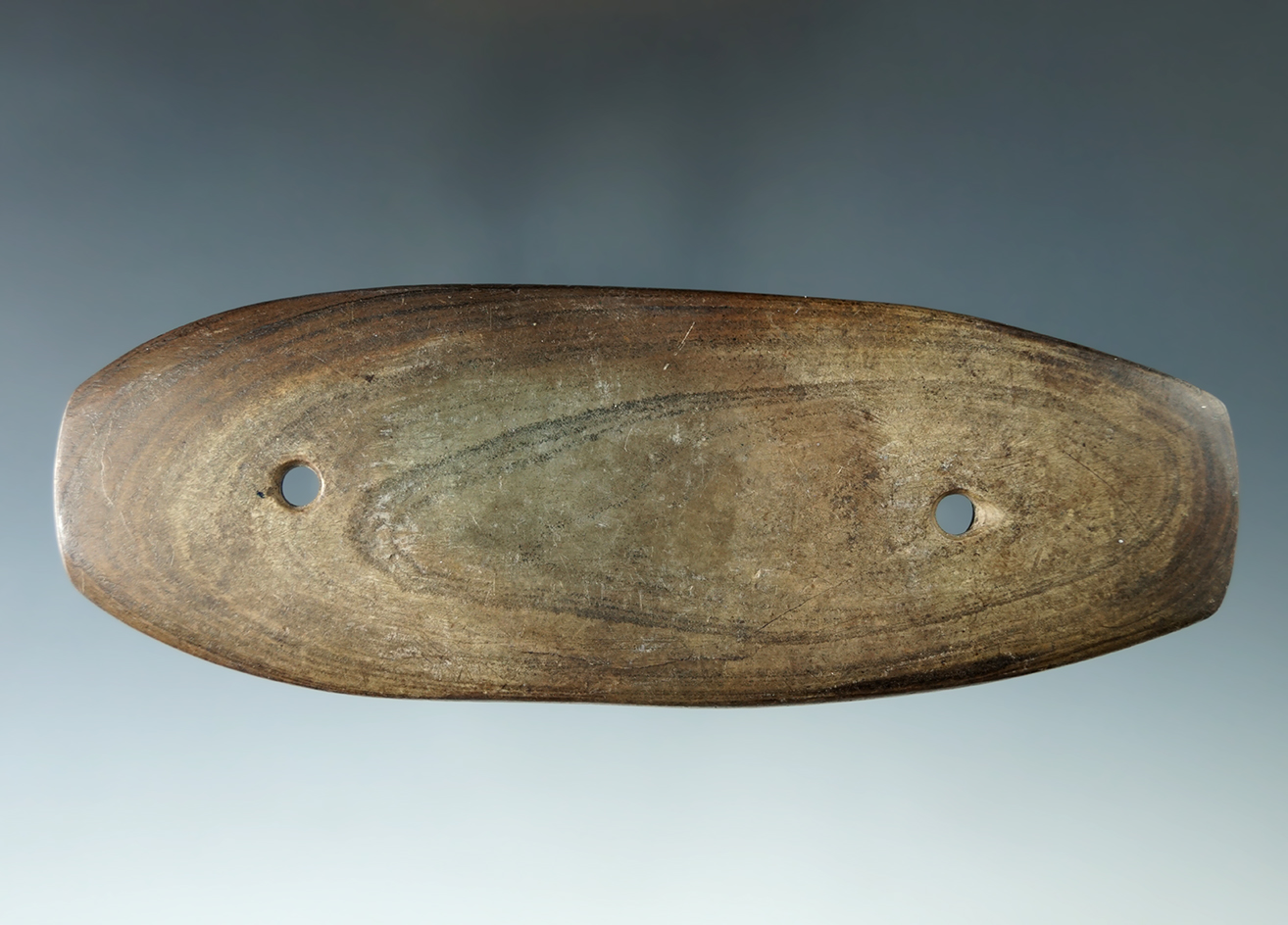 5" Glacial Kame Tallied Bar Gorget found in Lenawee Co., Michigan. Ex. Ira W. Robinson, Crocker.
