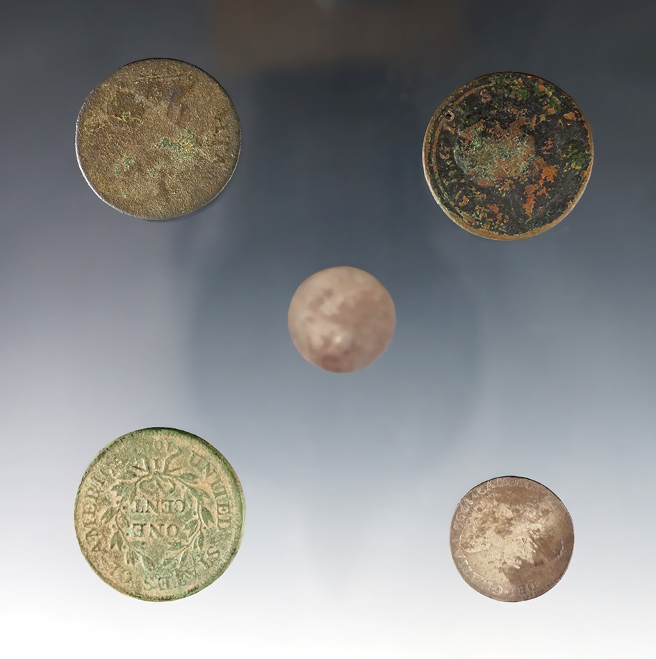 Set of 5 coins found in White Springs, Geneva, New York. Two have legible dates of 1792 & 1803. 