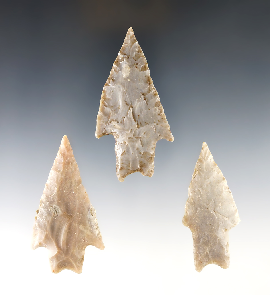 Set of 3 well made Pedernales found in Texas. The largest is 2 3/4".