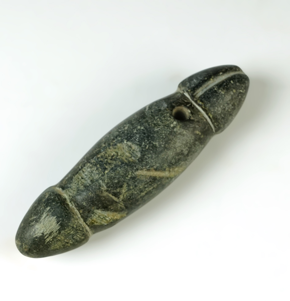 Unique! 4 1/2" Double Phallic Effigy Pendant - Steatite. Colusa Co., CA. Drilled for suspension.