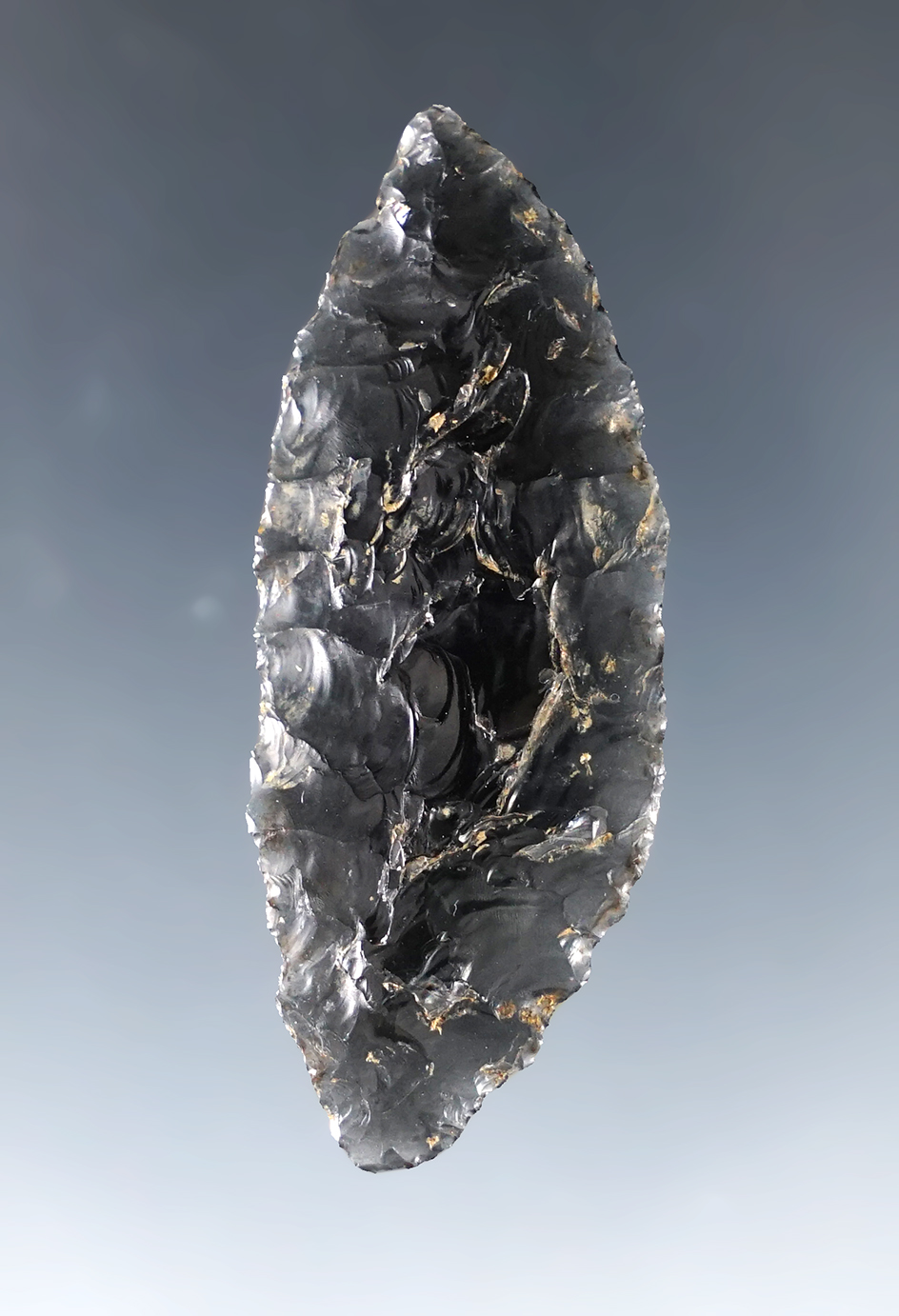 1 15/16" nicely patinated obsidian Bi-Pointed Knife found in southern Oregon.