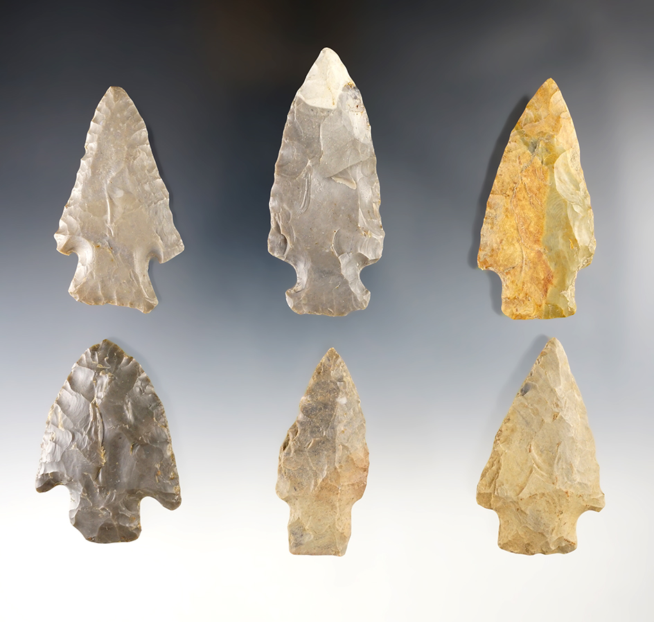 6 Knives in good or better condition, largest is 2 3/4". Wabash Co., Illinois. Ex. Clark family