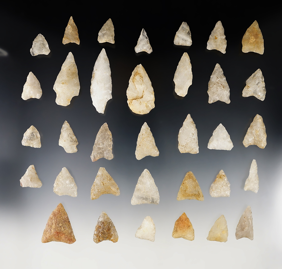Group of 34 assorted Quartz Arrowheads found in Connecticut. Largest is 2 1/4".