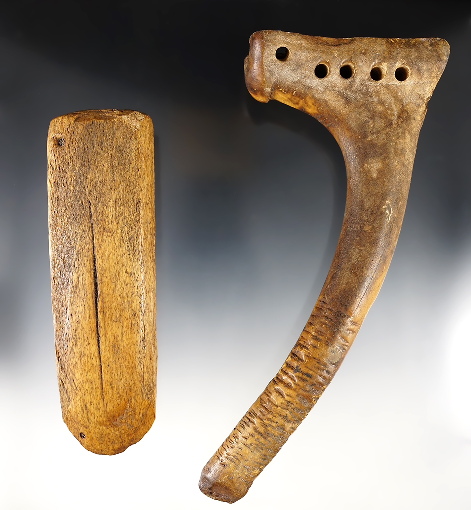 Pair of Inuit bone artifacts found in Alaska. Includes a 6 5/8" Wedge and a 8 3/4" tall Adze Handle.