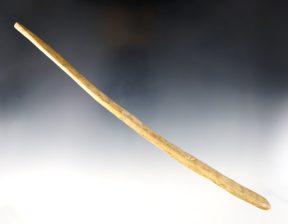 10" well patinated bone tool with a chisel like bit on one end that is highly polished. Colorado.