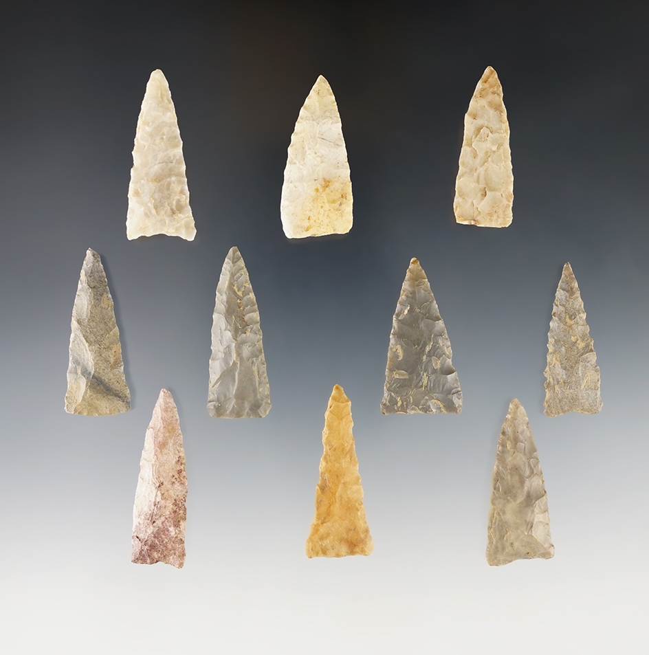 Set of 10 very nicely flaked Mississippian Triangle Points found in Kentucky. Largest is 1 5/8".