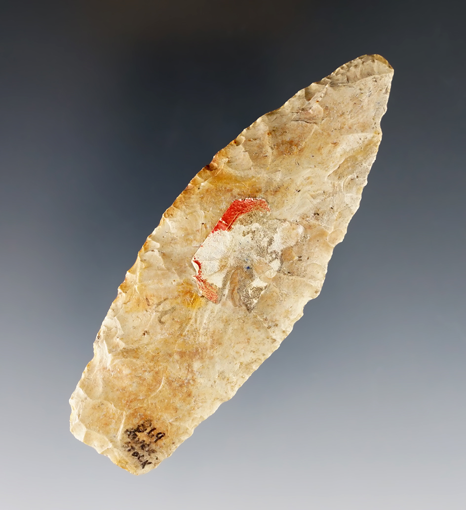 3 7/16" heavily patinated Agate Basin found in Illinois. Ex. Bill Likens collection.