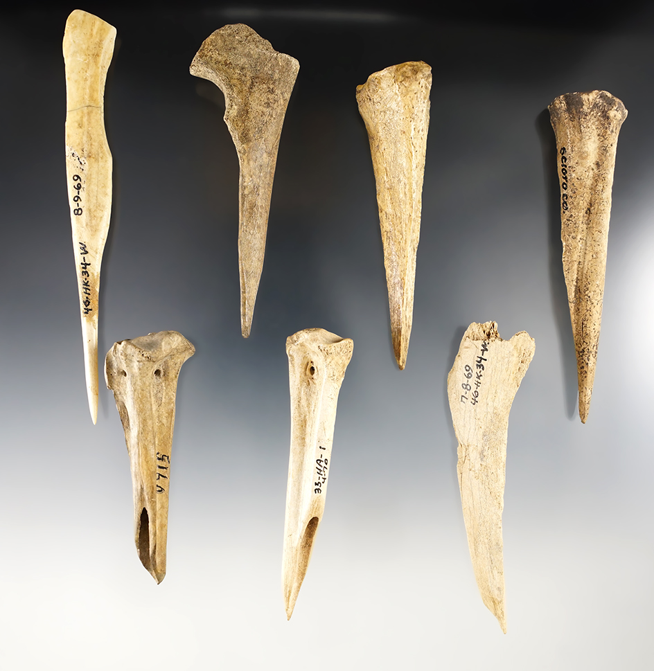 Set of 7 Bone Awls found in Taylor Co., Kentucky. Ex. Robert Converse. The largest is 5 1/8".