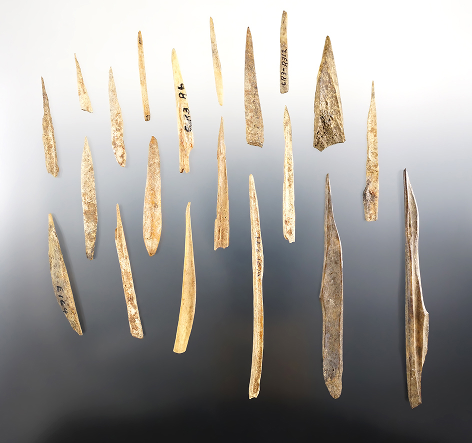 Group of 20 assorted Bone Awls, one is most likely a Projectile Point -Kentucky. Largest is 4 1/4".