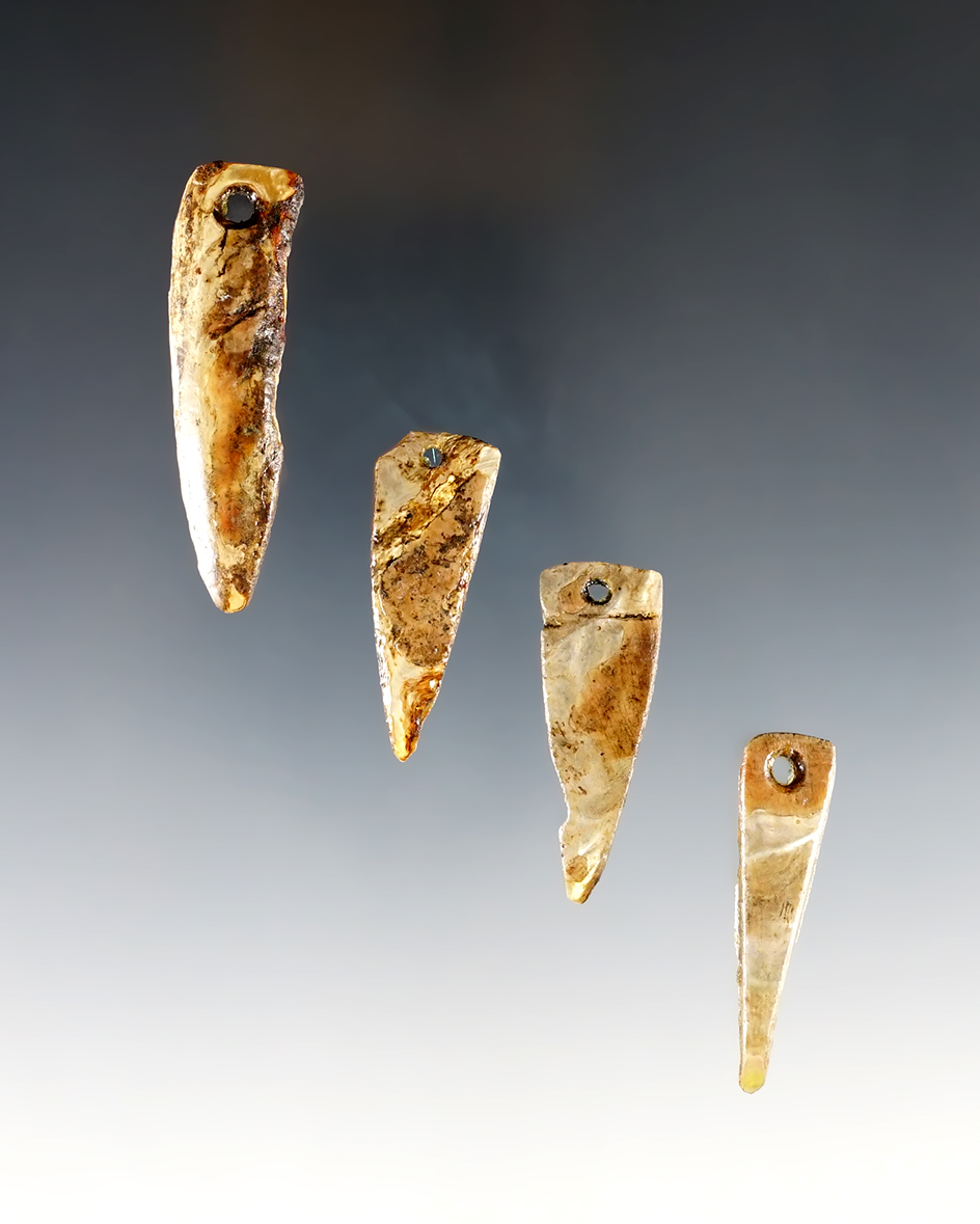 Set of four abalone shell drilled Pendants found in Colusa County California. Largest is 1 15/16".