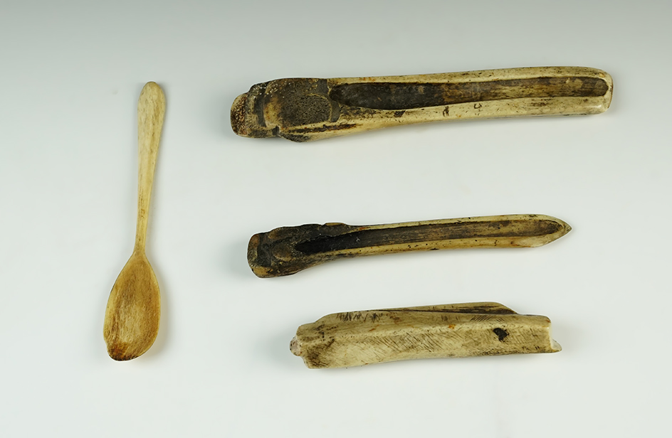 Nice set of four Carved Bone Early Historic tools including a 6" long spoon.
