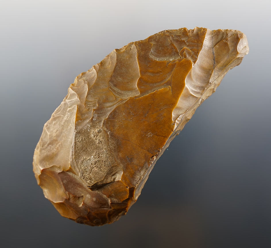 4 1/2" Curved Knife made from patinated Jasper. Found at the Great Gully Site in New York.