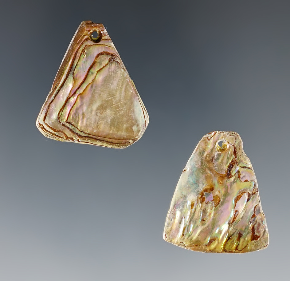 Pair of unique triangular Pendants/eardrops - abalone shell. Largest is 1". Colusa County California.