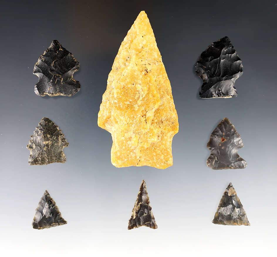 Group of seven Points and one 3 1/4" Quartz Knife found in western North Carolina.