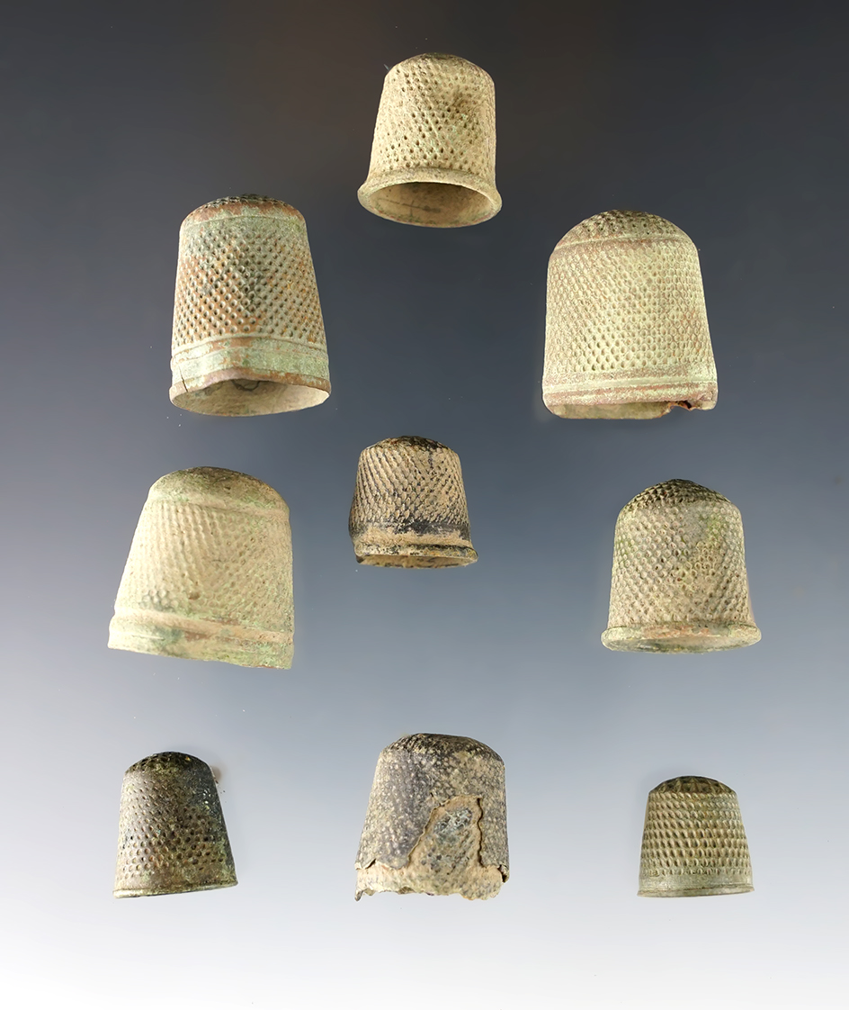 Set of 9 misc. Brass Thimbles found in White Springs, Geneva, New York. The largest is 15/16".