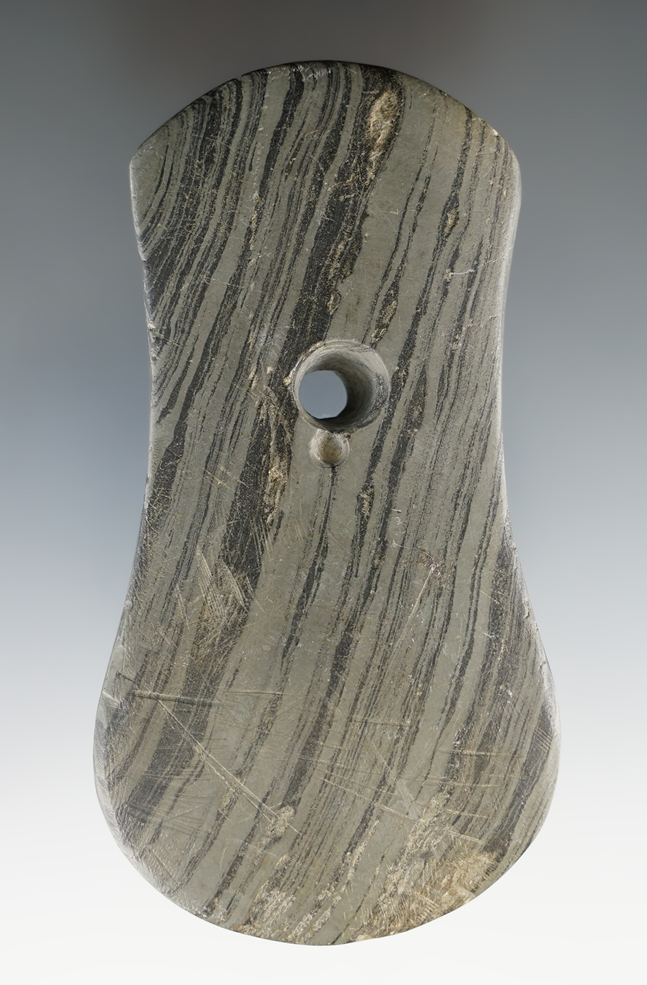 3 15/16" Adena Bi-Concave Pendant found in Jay Co., Indiana. Ex. Cameron Parks (#58), Walter Dudkewi
