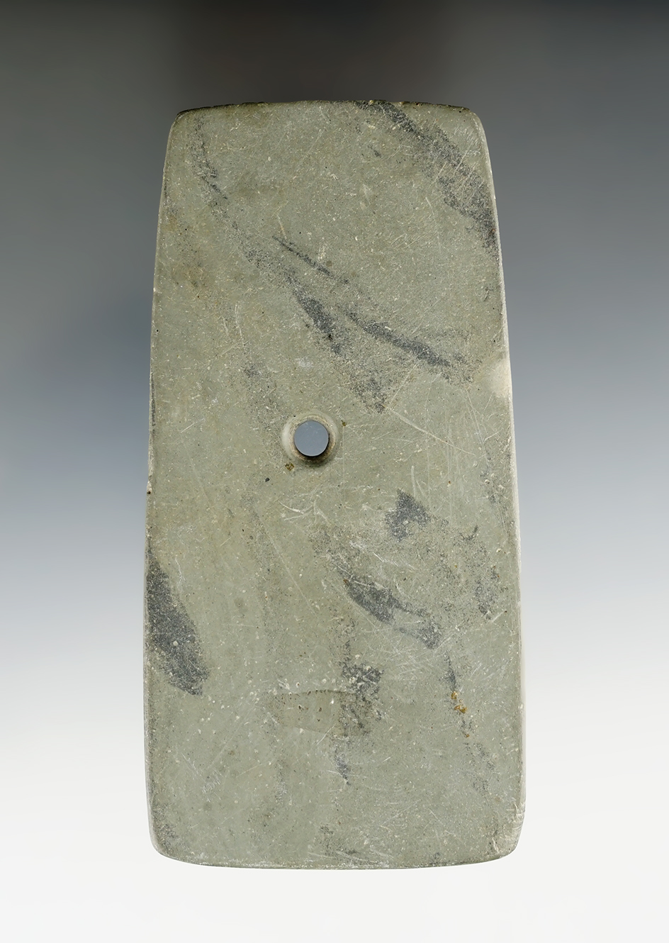 4 7/16" Hopewell Trapezoidal Pendant found in Orange Co., Indiana. Pictured in Who's Who #6.