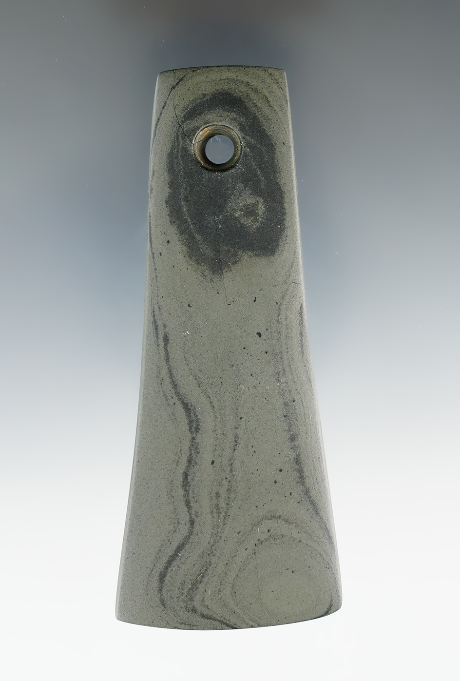 4" Adena Bell Pendant made from green and black Mottled Slate. Found in Henry Co., Kentucky.