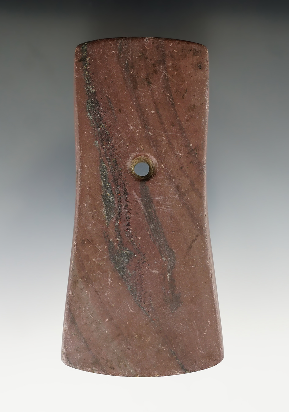 4 1/2" Adena Bell Pendant made from red and black Banded Slate, found in Michigan. Davis COA.