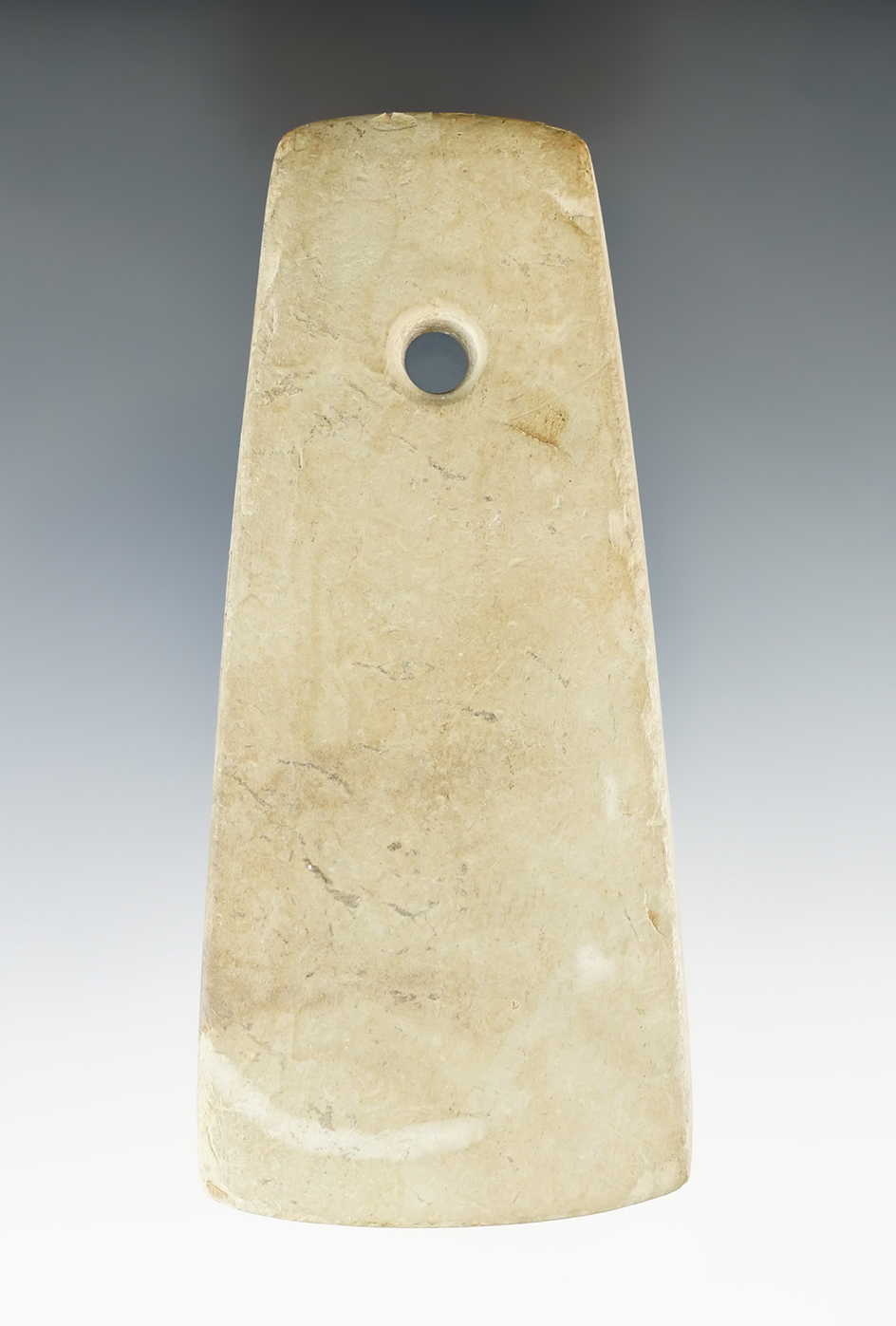 4 3/16" Adena Trapezoidal Pendant made from Slate - Michigan. Ex. B.W. Stephens, Badge.