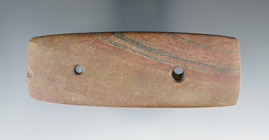 4 1/4" Glacial Kame Rectangular Gorget found in Wabash Co., Indiana. Ex. Dr. Raymond Gurley.