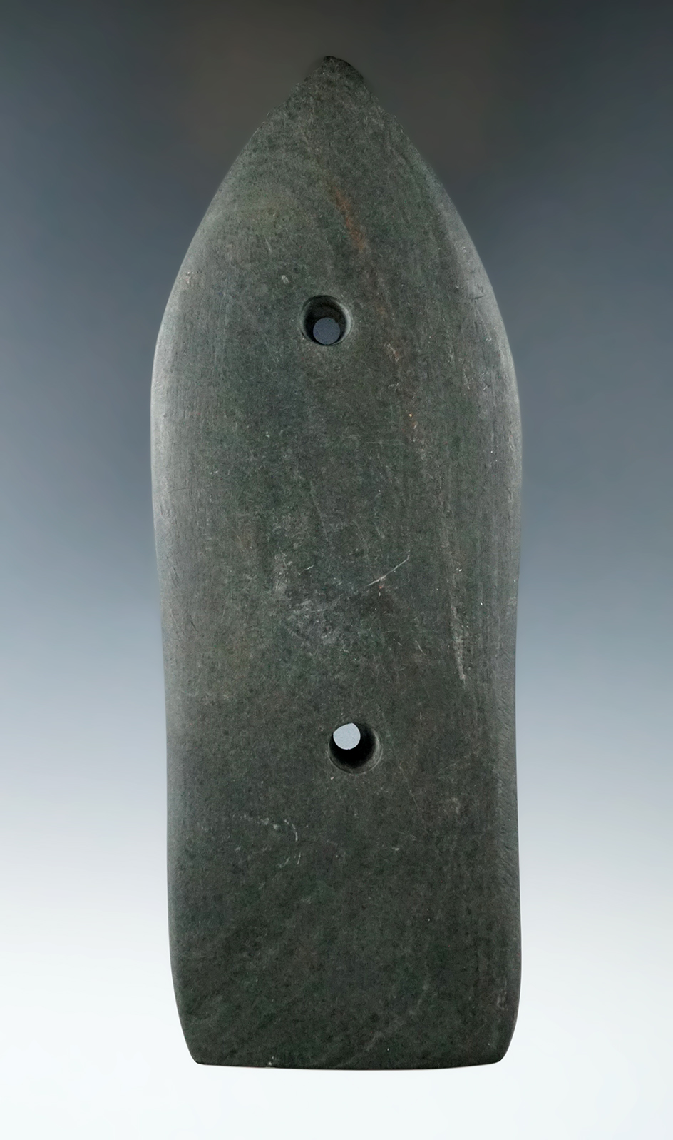 5 9/16" Glacial Kame Sandal Sole Gorget found in Ionia Co., Michigan. Ex. Ken Spaulding, John Baldin