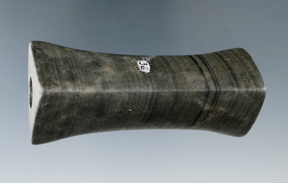 3 1/8" Archaic Bannerstone found in Clarksfield Twp., Huron Co., Ohio. Ex. Franklin, C.C. Thomas.