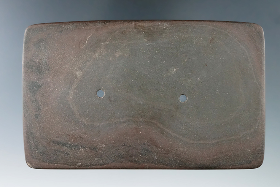 4 3/4" Adena Rectangular Gorget made from red and black Mottled Slate, found in Branch Co., Michigan