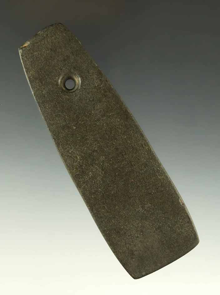 Highly polished 4 1/4" Trapezoidal Pendant, Seneca Co., Ohio. Ex. D. Majors, Jack Hooks, Joe Macik.