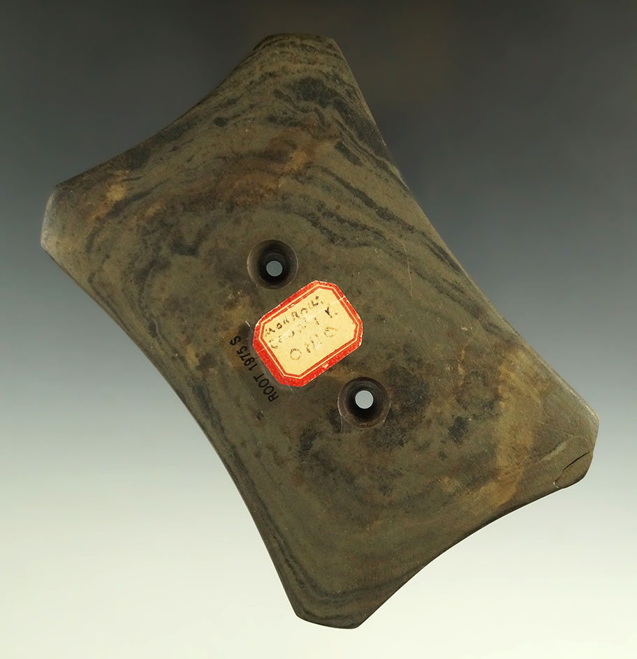 4 5/8" Adena Quadriconcave Gorget, Morrow Co., Ohio. One very small chip has been glued.