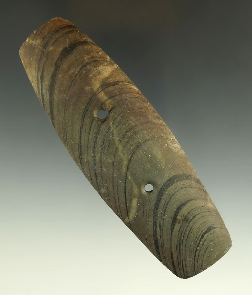 4 5/8" Glacial Kame Rectangular Gorget found in Wood Co., Ohio. Ex. Norman Grogitsky Collection.