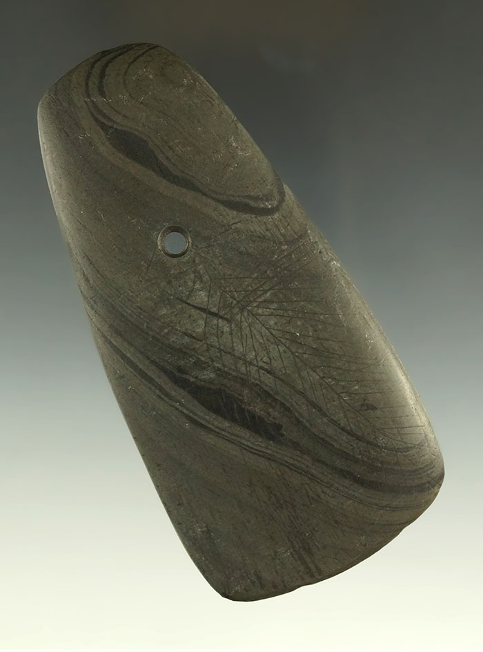 4 1/2" Engraved Trapezoidal Pendant, St. Joseph Co., Michigan. Ex. Parks, Teil Collections. Pictured