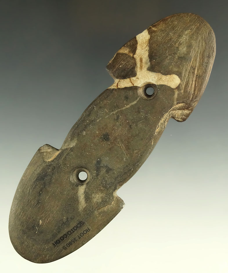 5 13/16" Glacial Kame Indented Gorget, found in Scioto Co., Ohio. Ex. Olie Miller, Jason Hanna.