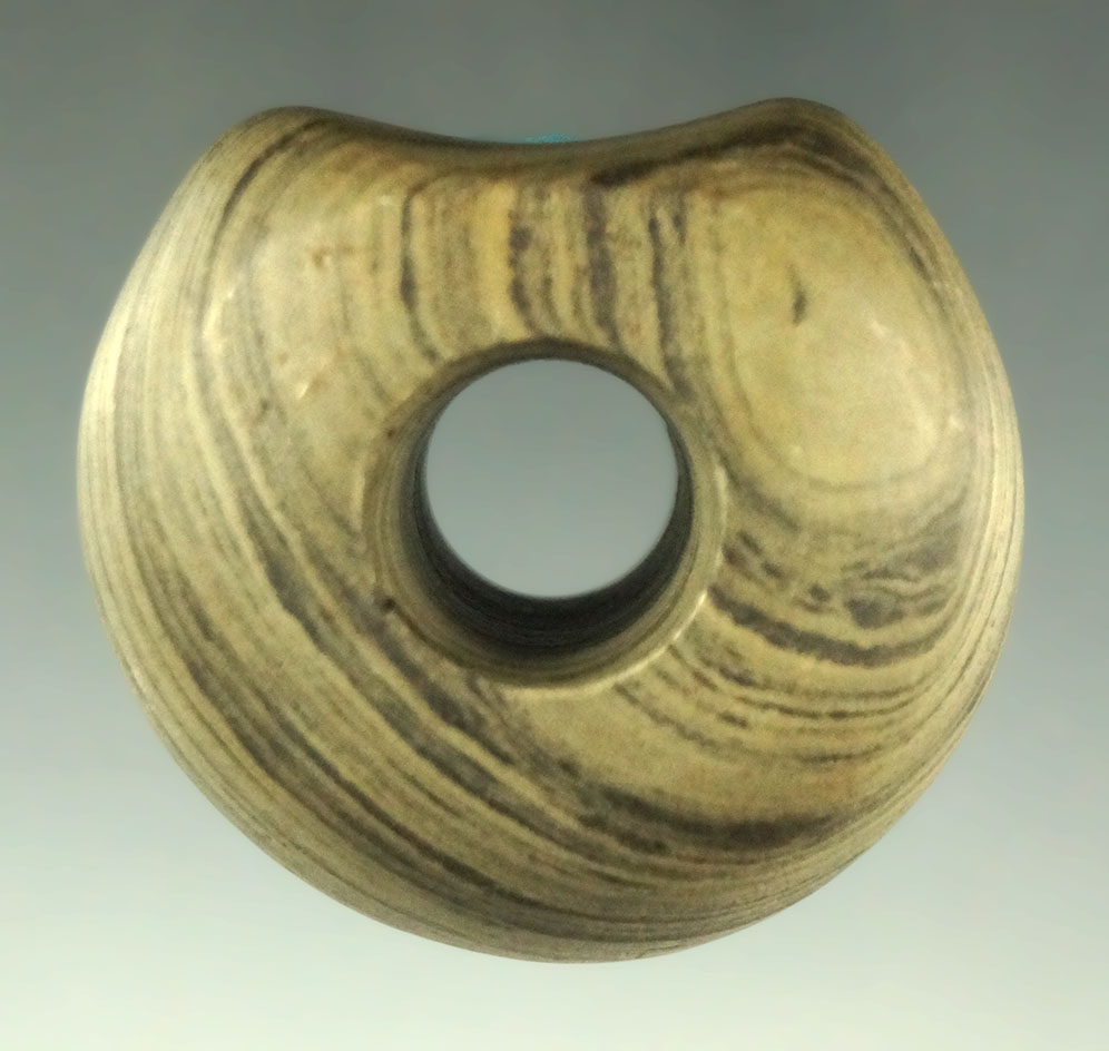 Nicely fluted 1 3/4" x 1 1/4" Ball Bannerstone found in Hancock Co., Ohio. Ex. Dean Driskill,  Pictu