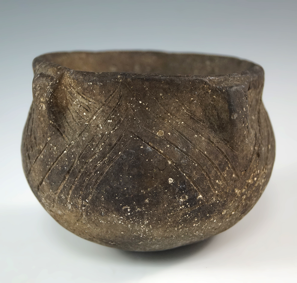 Nice 3 11/16" Mississippian Incised Pot  made from Shell Tempered Clay, found in Warren Co., Ohio.