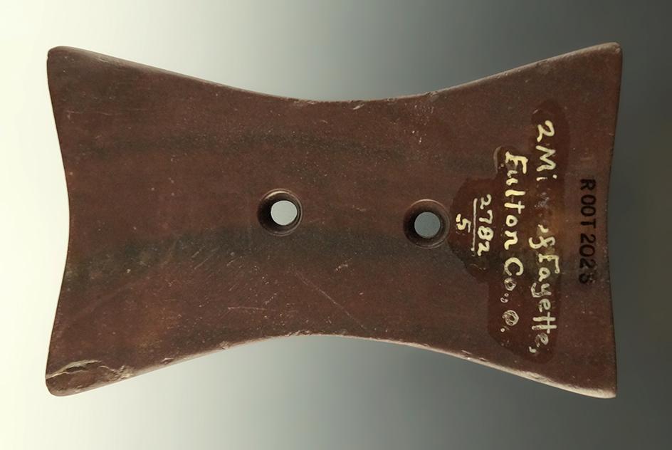 4 1/2" Red Slate Adena Quadriconcave Gorget - Fulton Co., Ohio. Ex. Dr. Gordon Meuser,  Pictured.