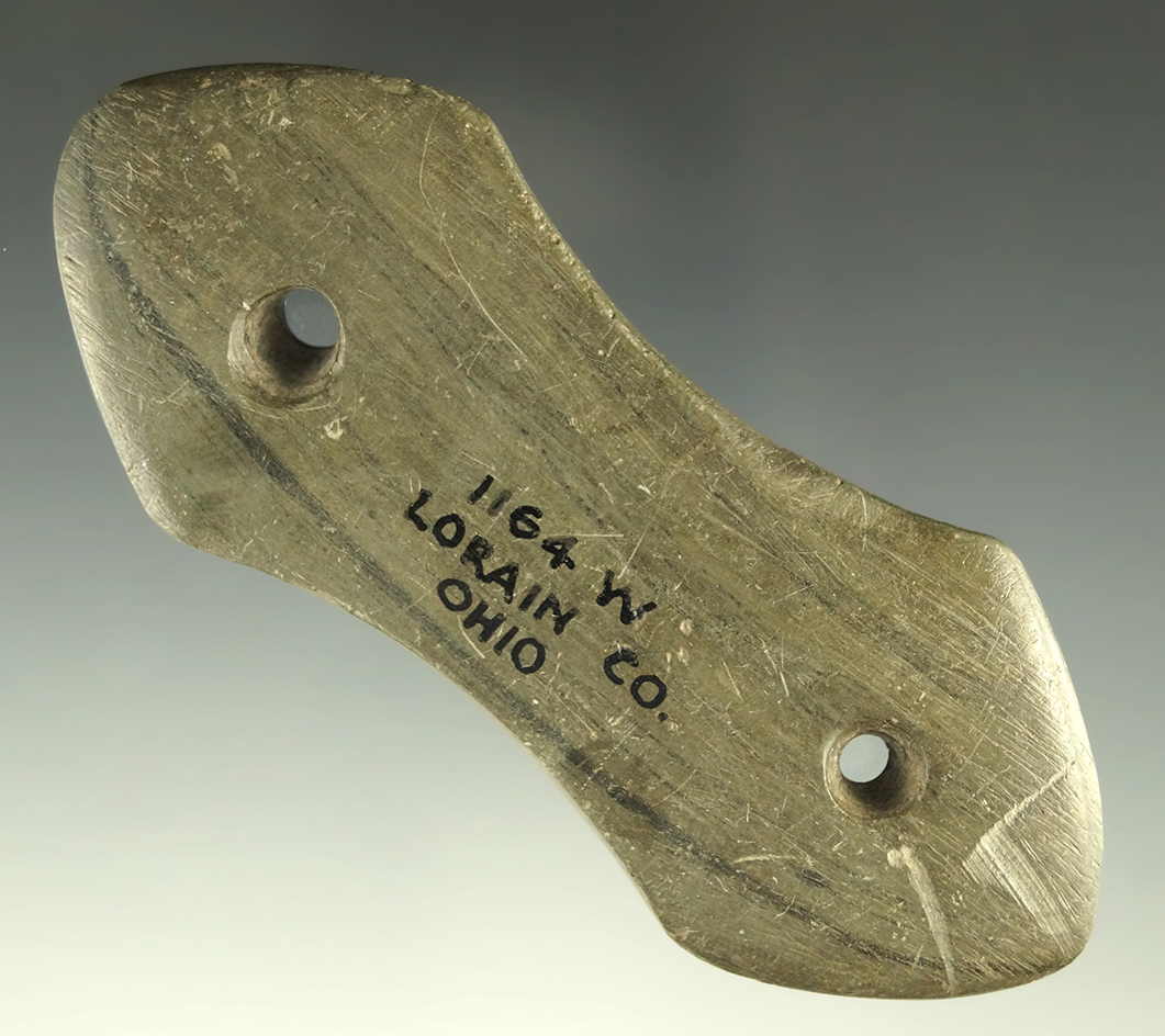 4" Woodland Indented Gorget- Lorain Co., Ohio. Ex. A.T. Wehrle, #1164W, Hubert Wachtel, Pictured.