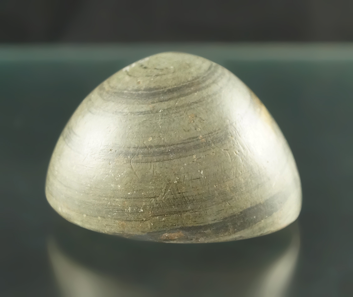 1 3/4" Diameter Green and Black Banded Slate Cone found in Ohio.  Pictured in Ohio Archaeologist