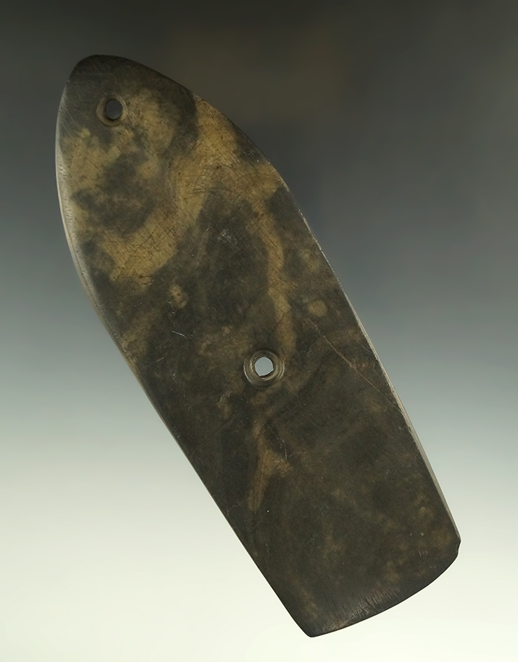 6 1/4" Glacial Kame Sandal Sole Gorget made from Green and Tan Mottled Slate,  Lucas Co., Ohio.
