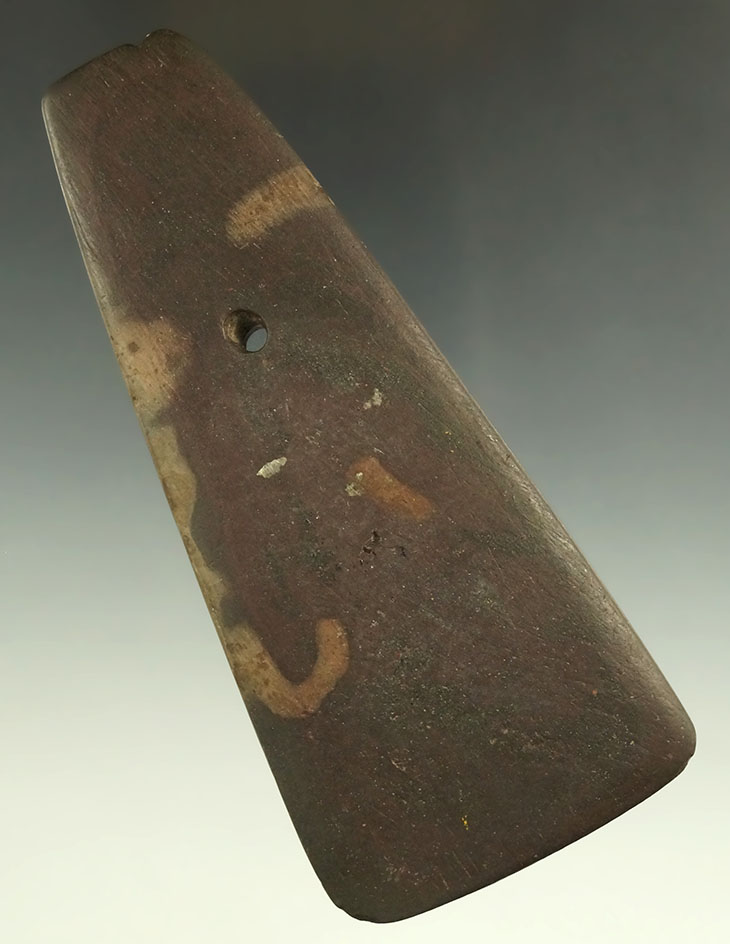 4 3/4" Hopewell Trapezoidal Pendant found in Wells Co., Indiana. Ex. C. Parks, R. Whitehead.