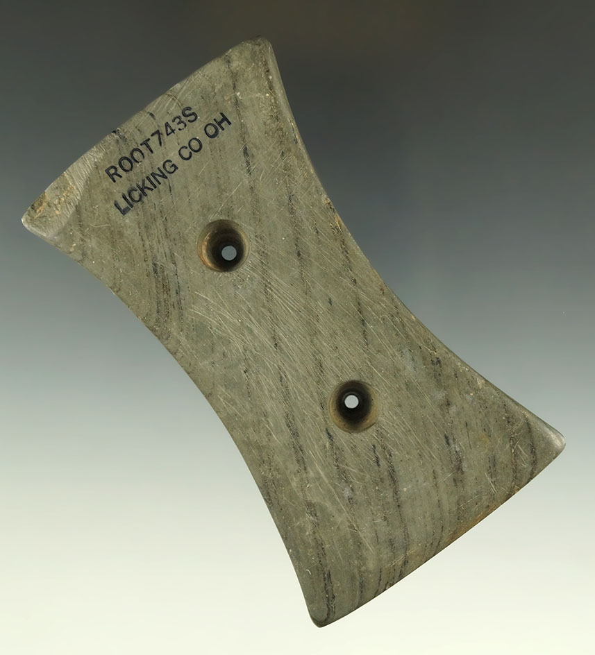 3 3/4" Adena Bi-Concave Gorget found in Licking Co., Ohio. Ex. Dwight Shipley Collection. Pictured!