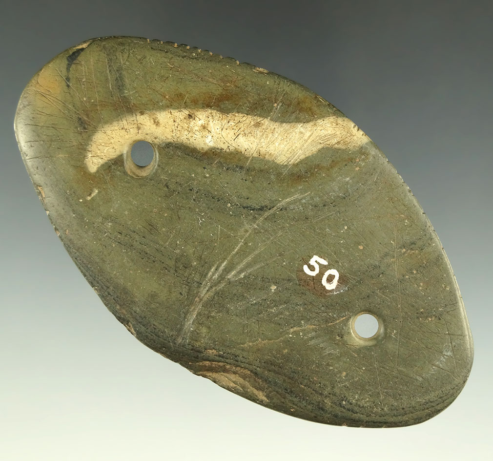 3 3/4" Glacial Kame Elliptical Gorget that is tallied and engraved, Indiana. Ex. Hart,Teil, Hovan.